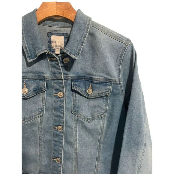 Wax Jean Jacket Womens Medium Denim Trucker Blue Stretch Buttons Long Sleeve NEW - Picture 2 of 11